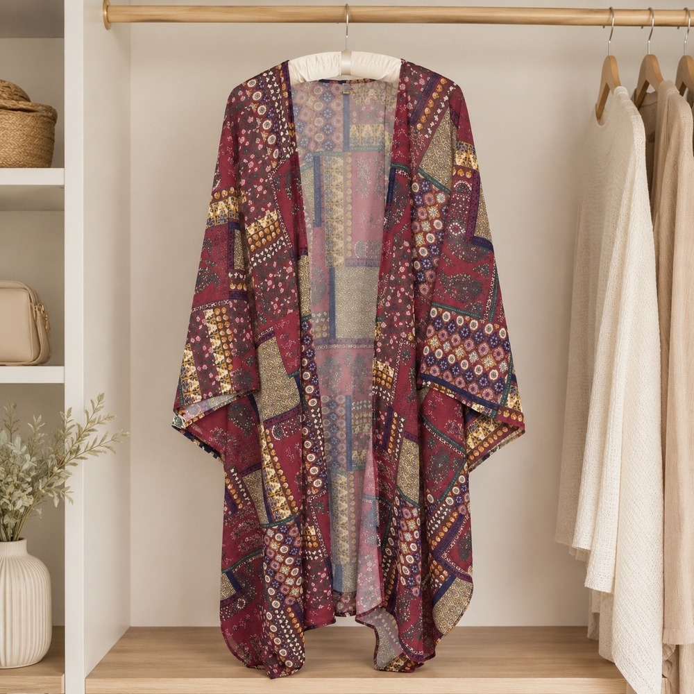 Womens 2XL Burgundy Patchwork Floral Paisley Sheer Kimono Wrap Cardigan Boho - Picture 1 of 7